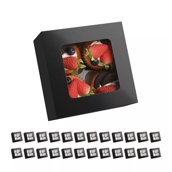 25 Black Cupcake Boxes, 4 Count Cupcake Containers with Window and Inserts, 6... - Picture 1 of 5